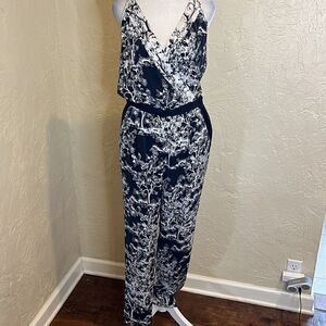 Diane Von Furstenburg Black and White Floral Crossover Silk Jumpsuit, 6!